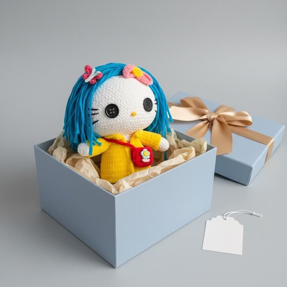 Coraline Hello Kitty Crochet Doll Plush | Handmade Sanrio Amigurumi - Picture 7 of 8